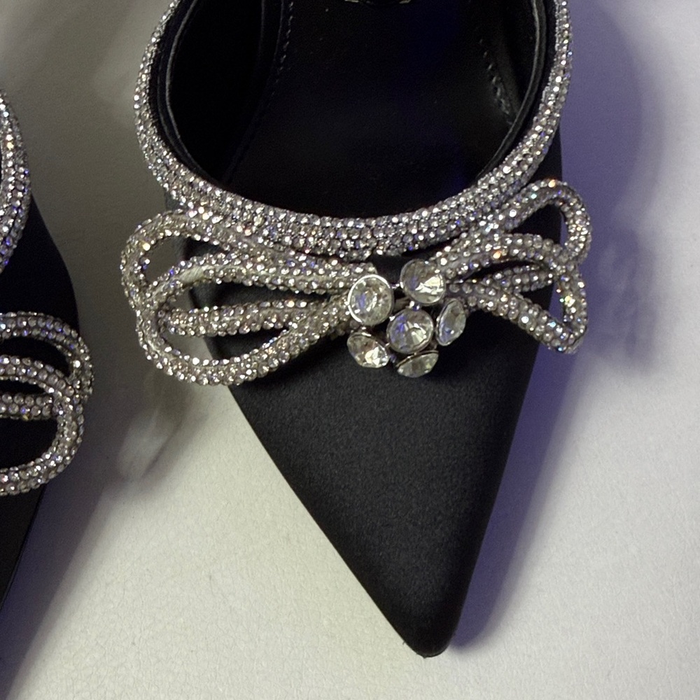 Steve Madden Black Satin Pointed Toe Crystal Bow Heels with Rhinestone Straps - Picture 5 of 9